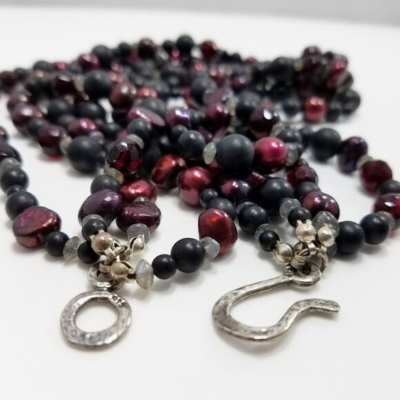 Vintage Beaded Necklace Pearled Burgundy, Matte Black Red Black Czech Crystal - Picture 2 of 10
